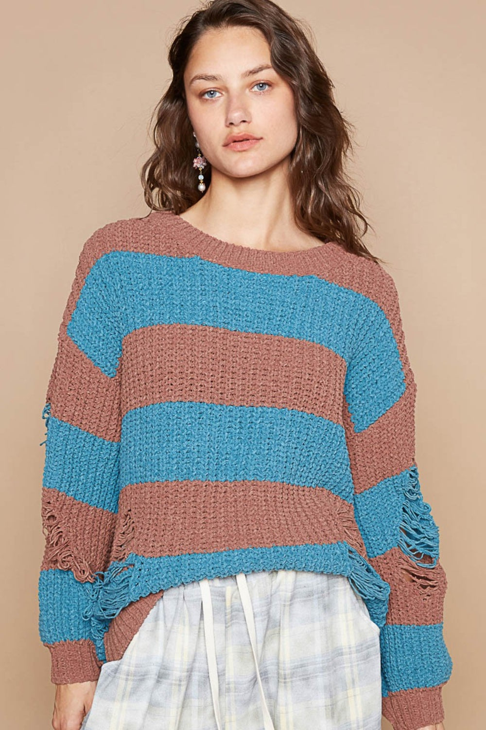 POL Striped Distressed Long Sleeve Sweater - Tigbul's Variety Fashion Shop