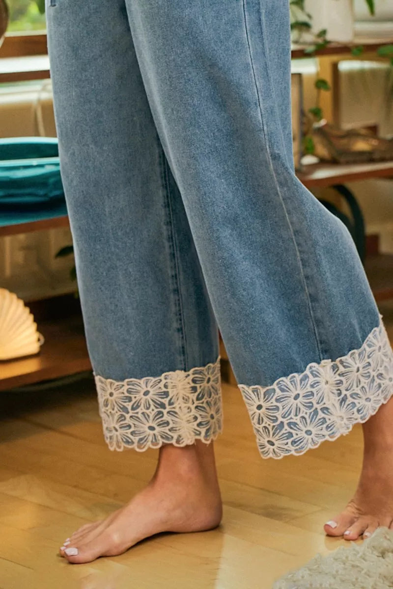 Washed Denim Elastic Waist Flower Lace Trim Pants | Tigbuls