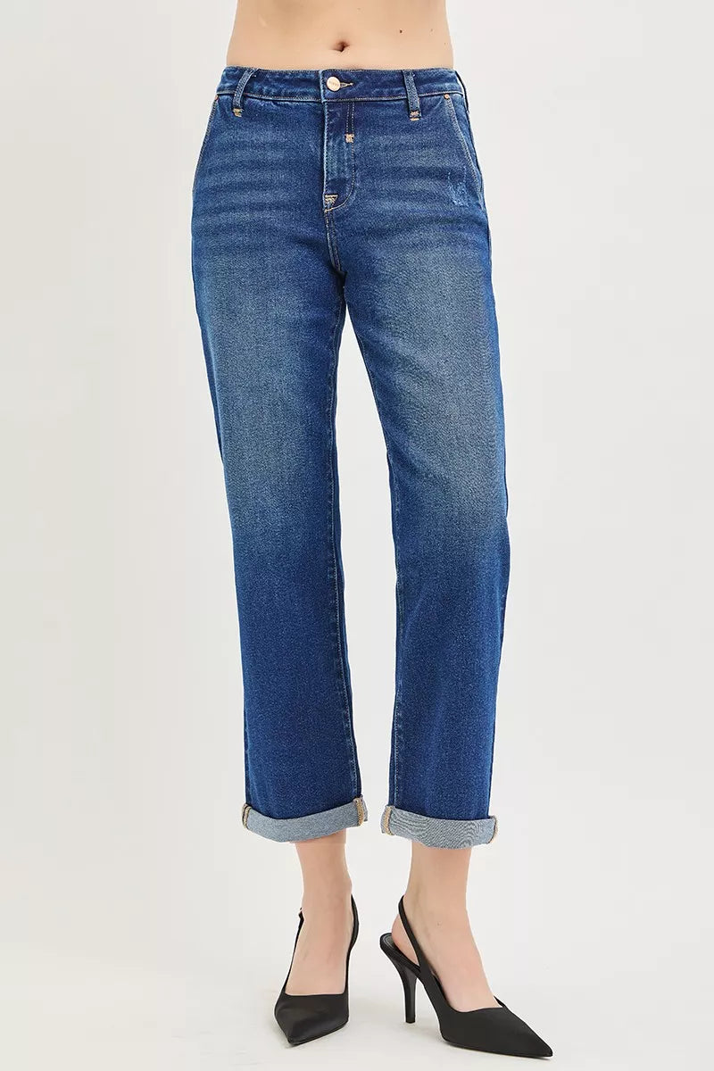 Dark-wash slouchy cropped boyfriend jeans with cuffed hem, front view