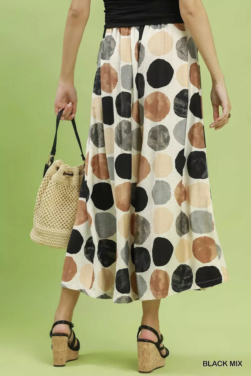 Black Mix dot print wide-leg pants with relaxed fit and gathered elastic waistband