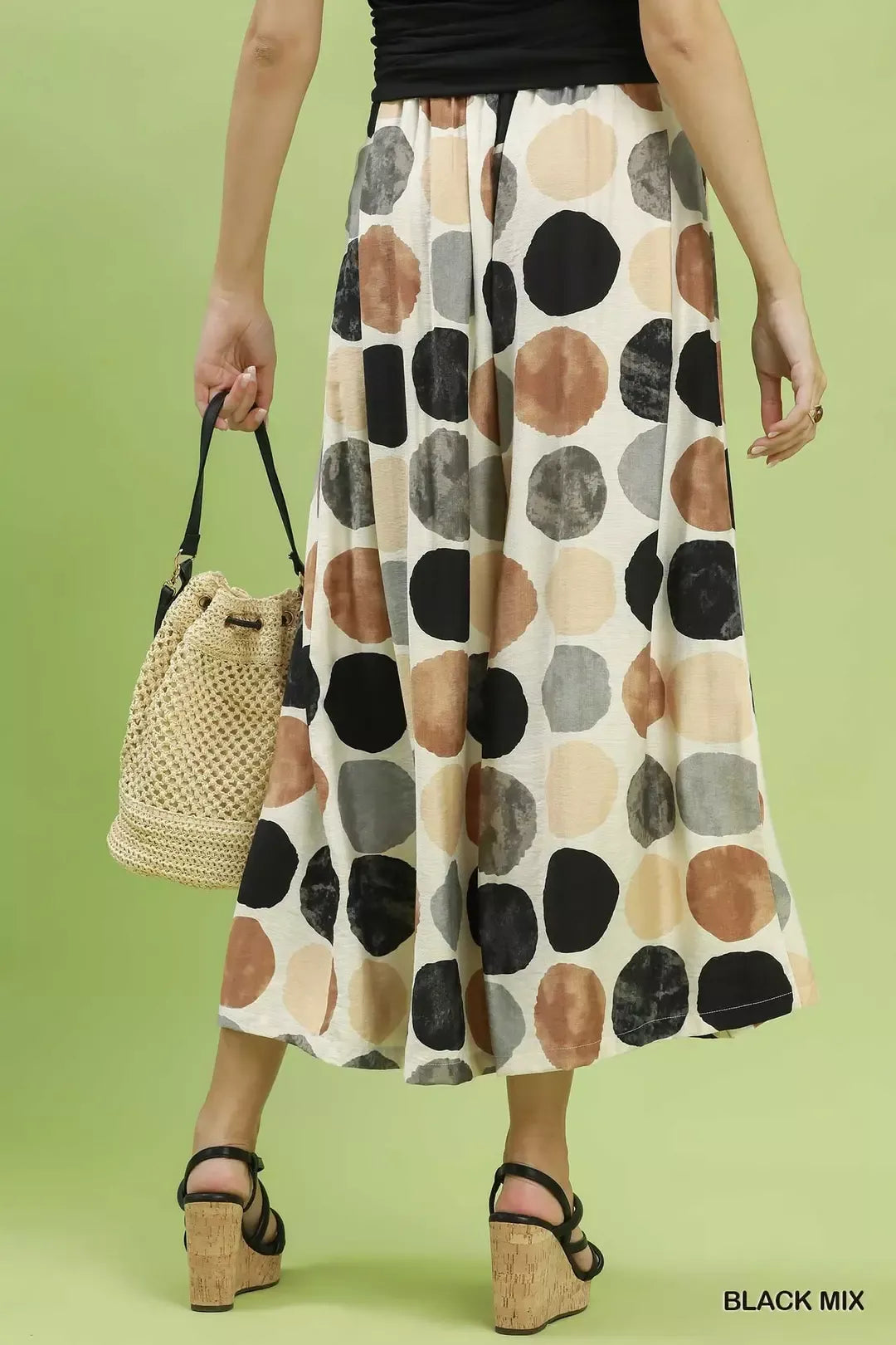 Black Mix dot print wide-leg pants with relaxed fit and gathered elastic waistband