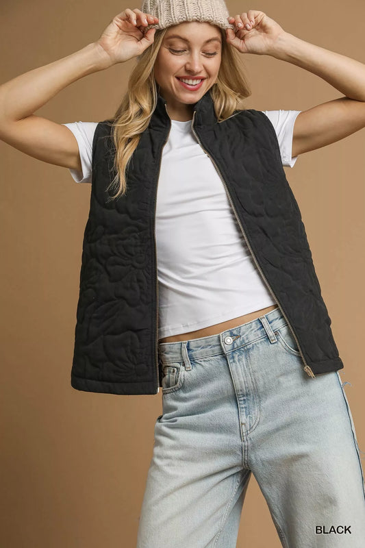 Umgee Quilted Floral Zip Up Vest with Pockets - Tigbul's Variety Fashion Shop