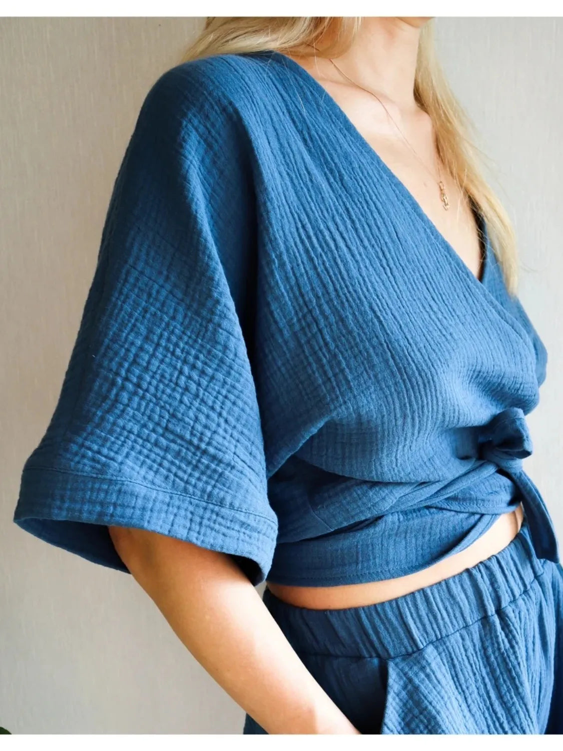 Tied Textured Half Sleeve Blue Blouse - Tigbul's Variety Fashion Shop