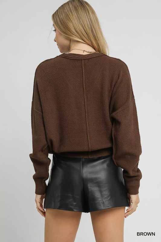 Brown Chunky Cable Knit V-Neck Button-Up Cardigan - Tigbul's Variety Fashion Shop
