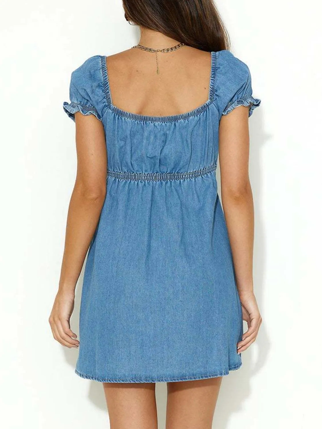 Tied Front Puff Sleeve Blue Denim Dress - Tigbul's Variety Fashion Shop