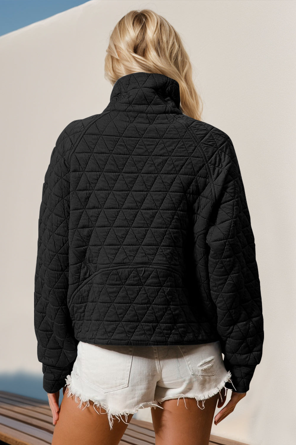 Double Take Half Zip Long Sleeve Quilted Sweatshirt with Pocket - Tigbul's Variety Fashion Shop