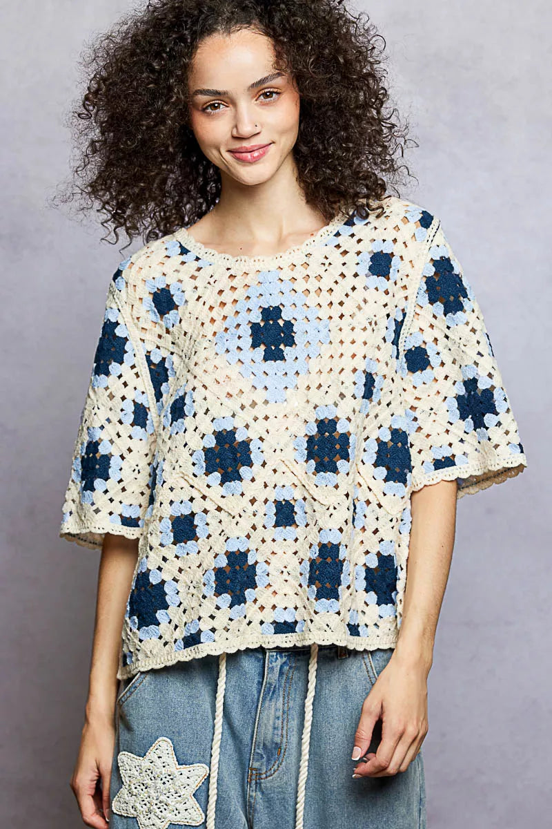 POL Round Neck Short Sleeve Color Pattern Crochet Top with Border Accents - Tigbul's Variety Fashion Shop