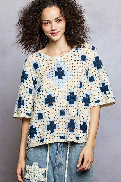 POL Round Neck Short Sleeve Color Pattern Crochet Top with Border Accents - Tigbul's Variety Fashion Shop