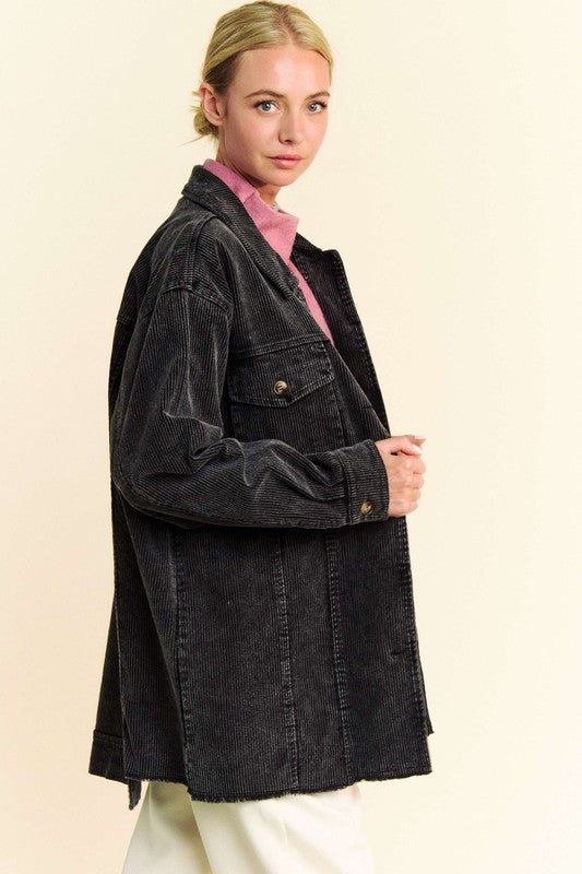 Black Washed Look Corduroy Raw Hem Button Up Jacket - Tigbul's Variety Fashion Shop