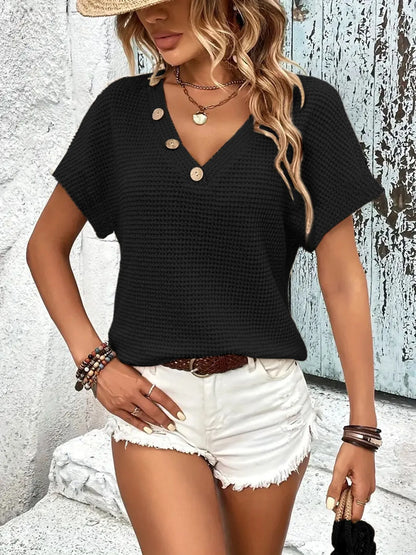 V-Neck Textured Knit T-Shirt - Tigbul's Variety Fashion Shop