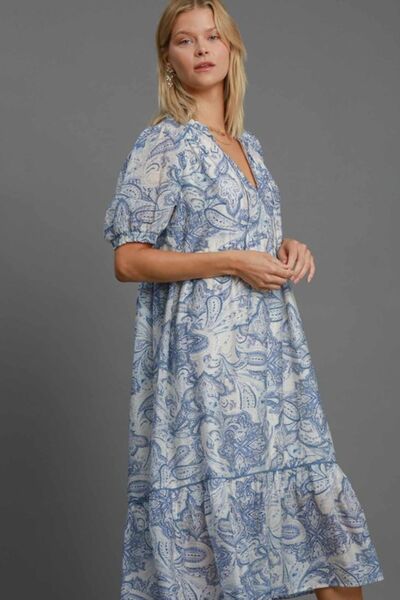 Blue Mix Printed Puff Short Sleeve Midi Dress - Tigbul's Variety Fashion Shop