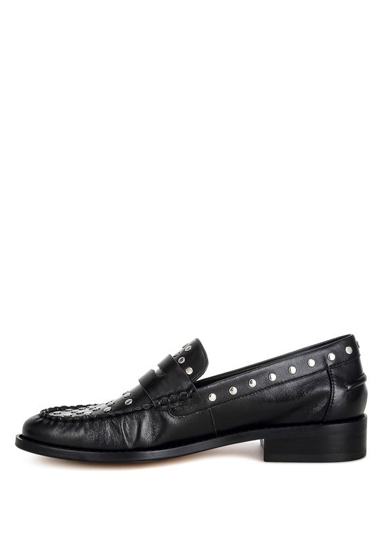 Oglavia Stud Embellished Black Genuine Leather Loafers - Tigbul's Variety Fashion Shop