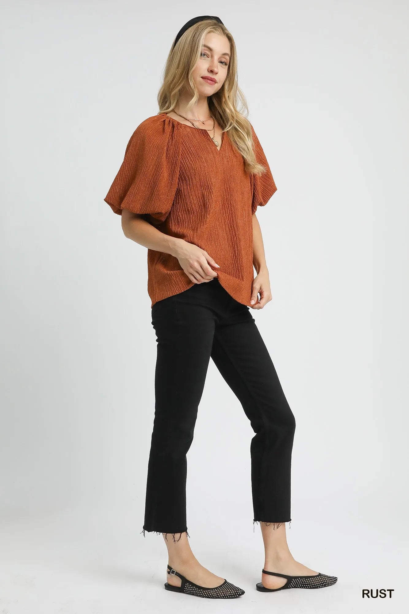 Umgee Textured Flutter Sleeve Notch Neck Top - Tigbul's Variety Fashion Shop