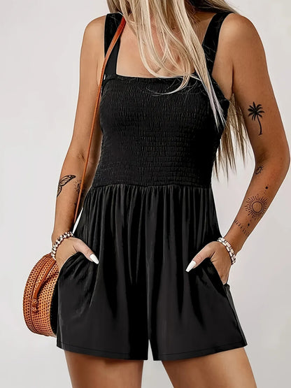Black Full Size Smocked Wide Strap Romper - Tigbul's Variety Fashion Shop