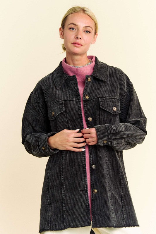 Black Washed Look Corduroy Raw Hem Button Up Jacket - Tigbul's Variety Fashion Shop