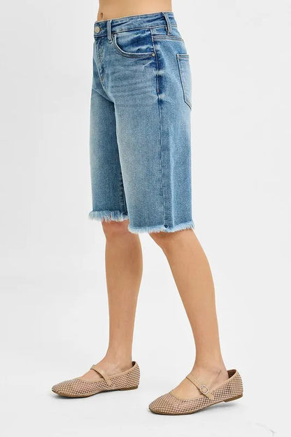 RISEN Tummy Control Mid Rise Fit Bermuda Denim Shorts - Tigbul's Variety Fashion Shop
