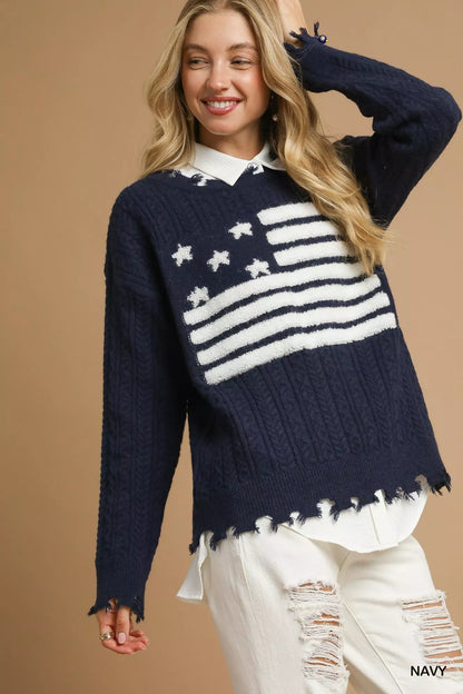 Umgee Distressed American Flag Sweater - Tigbul's Variety Fashion Shop