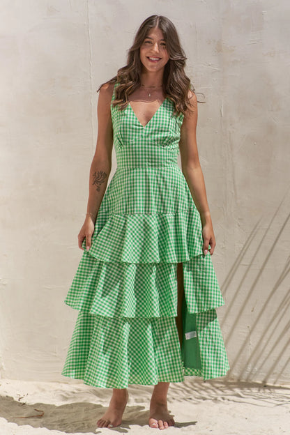 Sleeveless Gingham Print Tiered Green Midi Dress - Tigbul's Variety Fashion Shop
