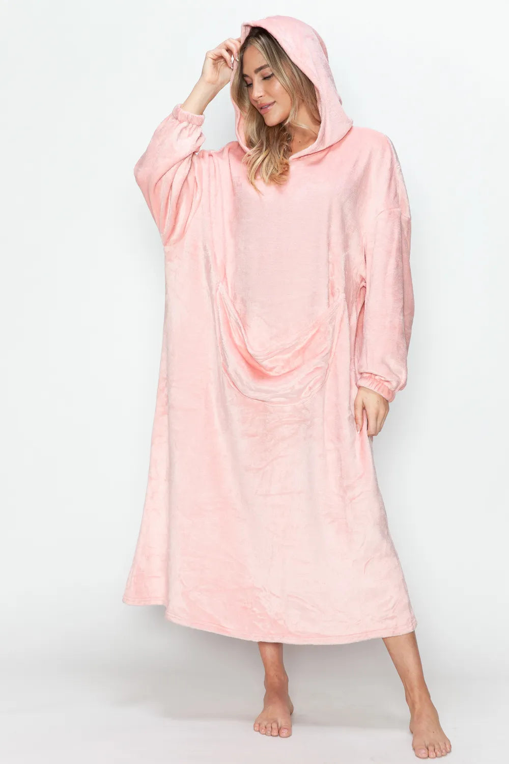 Dusty pink hooded midi lounge dress, draped hood and front pocket