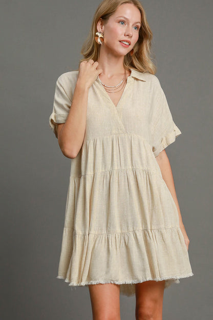 Beige Raw Hem Folded Sleeve Tiered Dress - Tigbul's Variety Fashion Shop