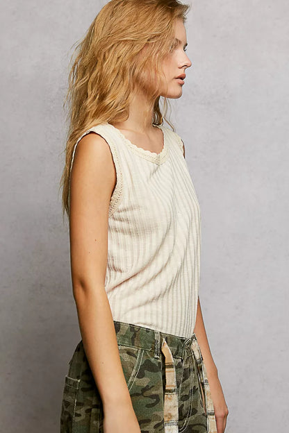 POL Ribbed Round Neck Tank with Lace Trim - Tigbul's Variety Fashion Shop