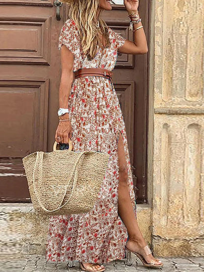 Full Size Printed V-Neck Short Sleeve Maxi Dress Plus Size - Tigbul's Variety Fashion Shop
