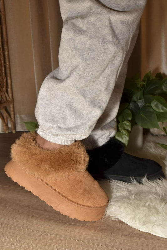 Brown Faux-Fur Platform Slip On Booties - Tigbul's Variety Fashion Shop