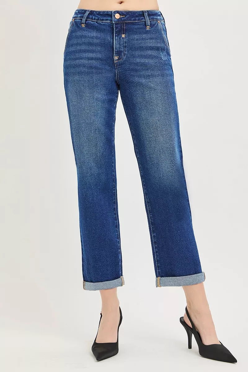 Dark-wash boyfriend jeans with cuffed crop hem, belt loops, button fly