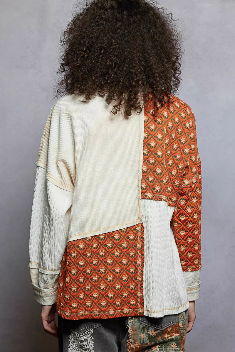 POL Contrast Patchwork Round Neck Long Sleeve Top - Tigbul's Variety Fashion Shop