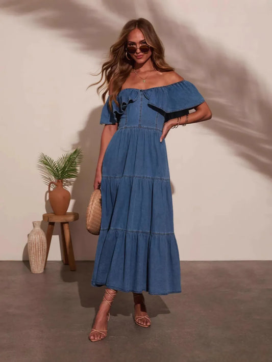 Off Shoulder Ruffle Tiered Denim Dress - Tigbul's Variety Fashion Shop