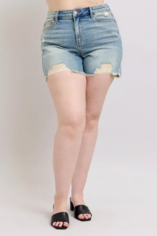 Judy Blue Plus Size High Rise Washed Fly Stitch Detail and Destroy Denim Shorts - Tigbul's Variety Fashion Shop