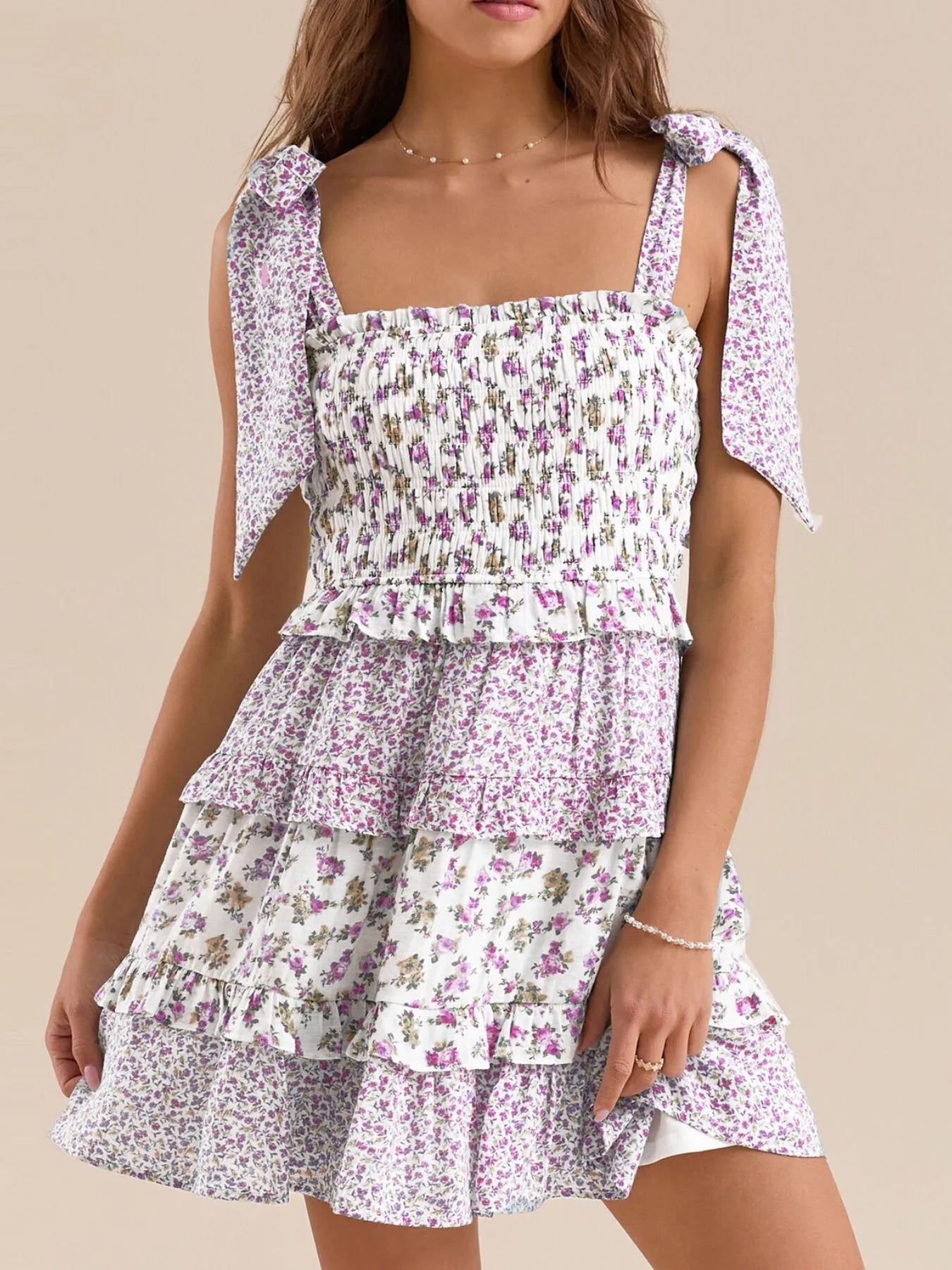 Floral Smocked Tie-Shoulder Summer Dress - Tigbul's Variety Fashion Shop