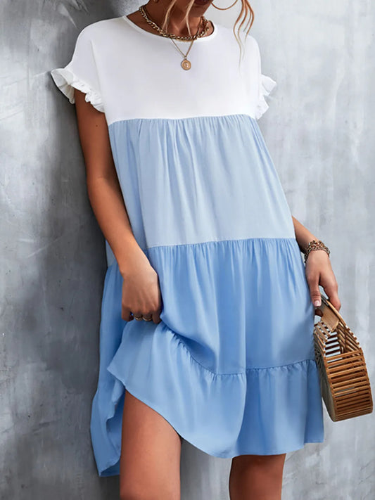 Color Block Round Neck Short Sleeve Dress - Tigbul's Variety Fashion Shop