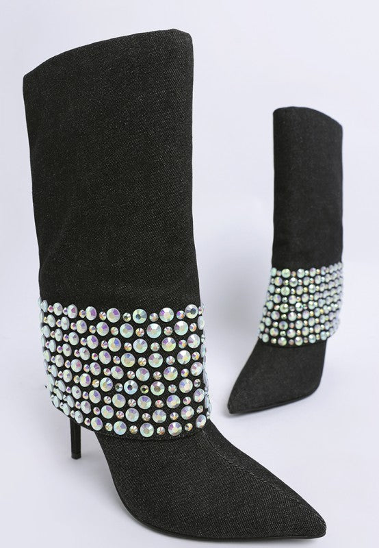Basso Party Diamante Studded Stiletto Boots - Tigbul's Variety Fashion Shop