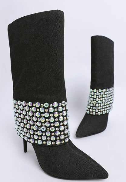 Basso Party Diamante Studded Stiletto Boots - Tigbul's Variety Fashion Shop