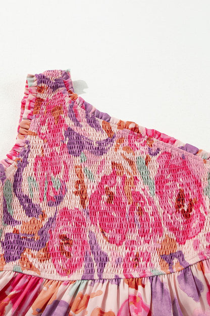 Floral Print Shirred One Shoulder Maxi Dress - Tigbul's Variety Fashion Shop