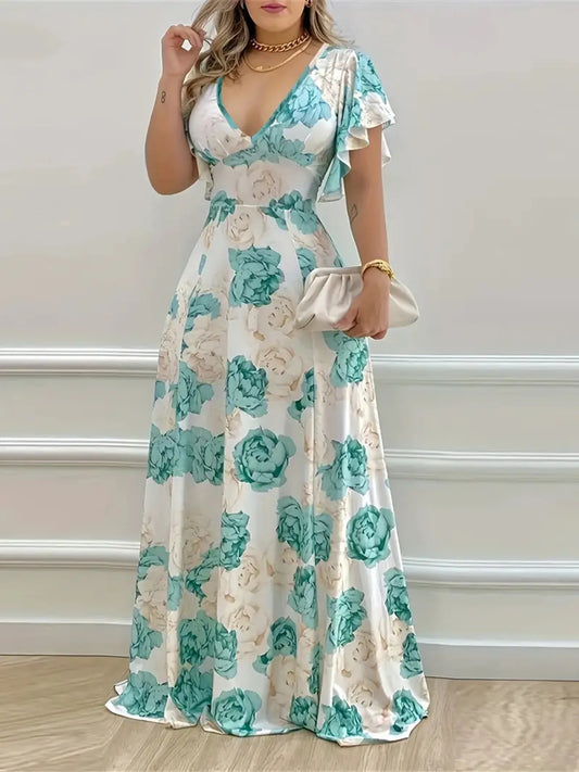 Plus Size Floral Print V-Neck Maxi Dress with Flutter Sleeves - Tigbul's Variety Fashion Shop