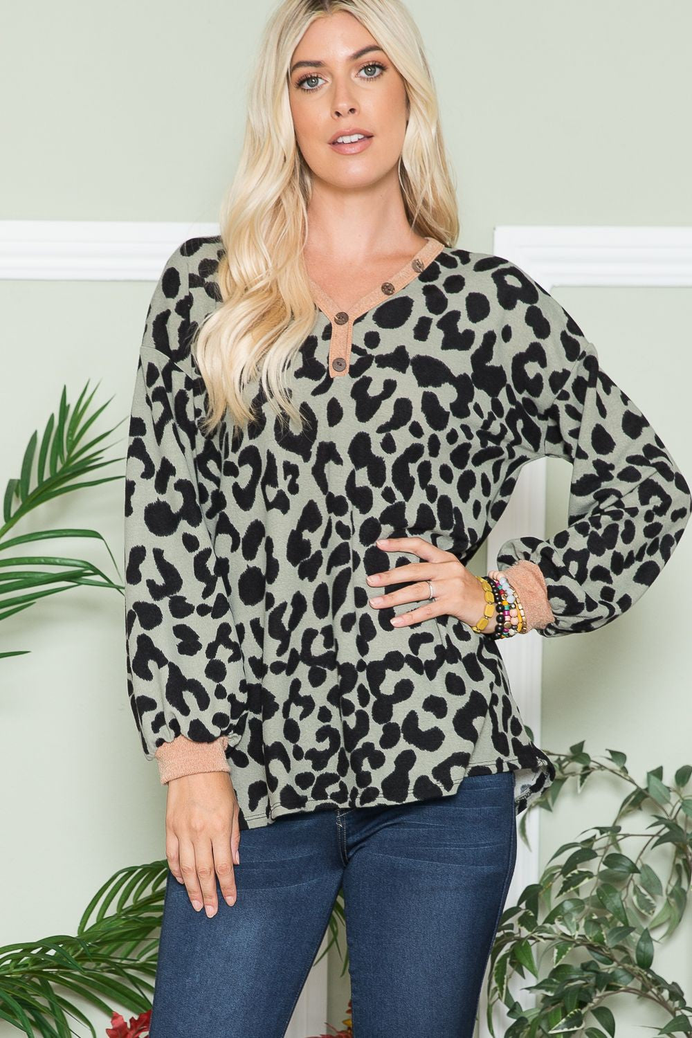 Celeste Full Size Leopard V-Neck Long Sleeve Blouse - Tigbul's Variety Fashion Shop