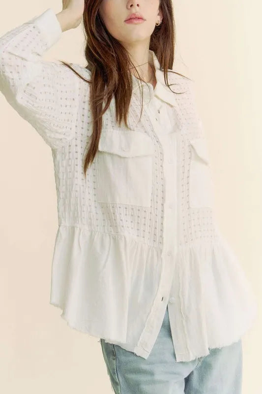 White Garment Washed Jacquard Button Front Shirt - Tigbul's Variety Fashion Shop