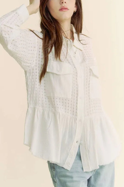 White Garment Washed Jacquard Button Front Shirt - Tigbul's Variety Fashion Shop