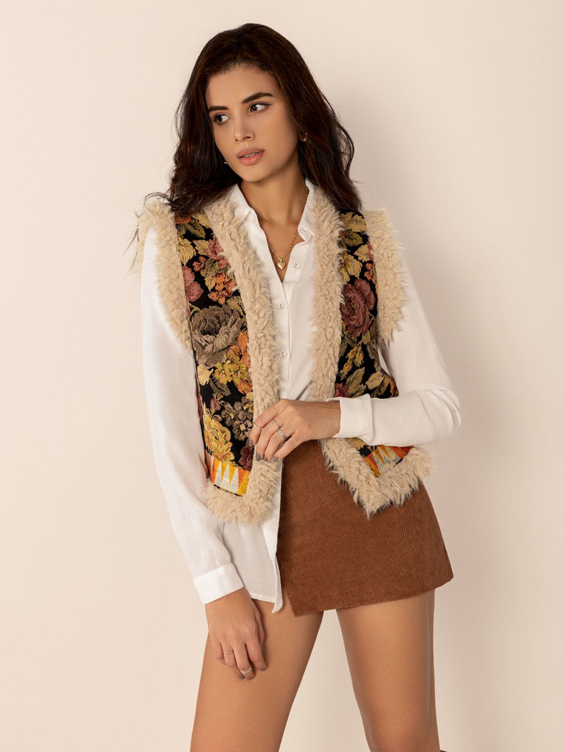 Embroidered Fuzzy Trim Open Front Vest Coat - Tigbul's Variety Fashion Shop