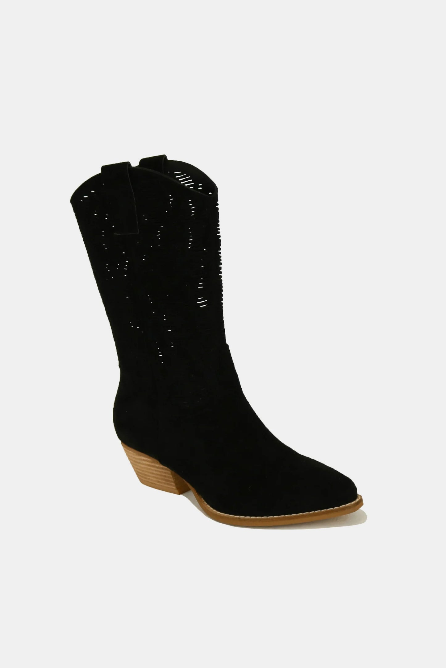 Black Faux Suede Laser Cut Detail Block Heel Boots - Tigbul's Variety Fashion Shop