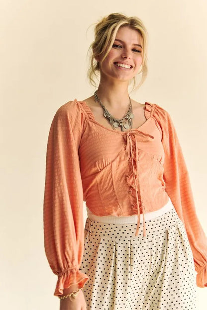 Peach Color Strap Front Corset Look Long Puff Sleeve Blouse - Tigbul's Variety Fashion Shop