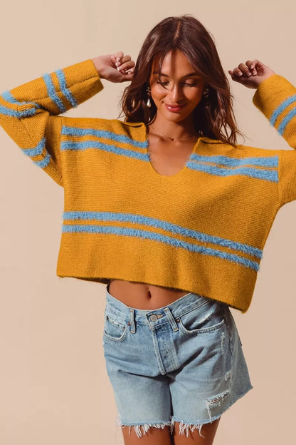 SO ME Fuzzy Hairy Stripe Deep U Neck Swetaer - Tigbul's Variety Fashion Shop