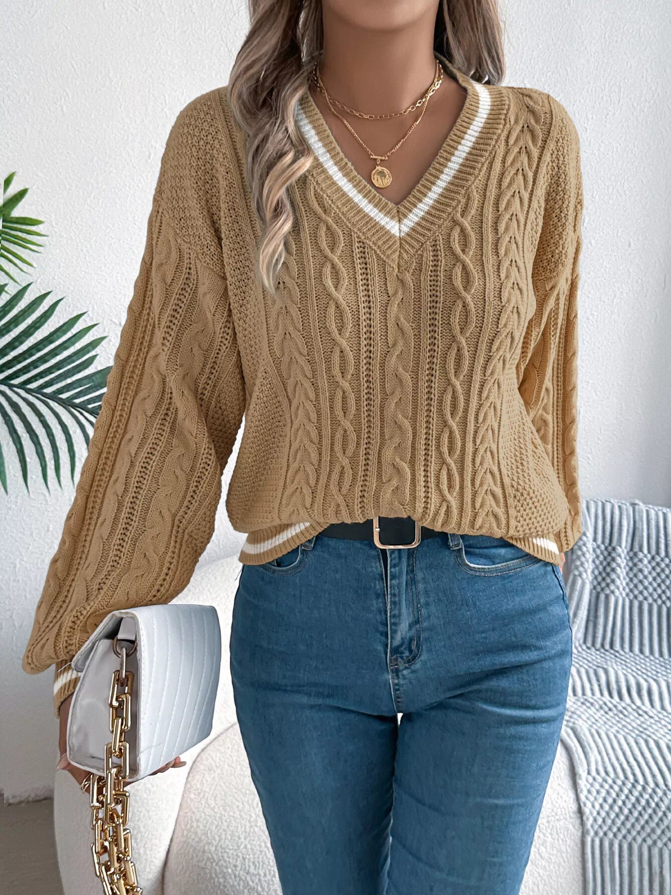 Cable Knit V-Neck Long Sleeve Sweater - Tigbul's Variety Fashion Shop