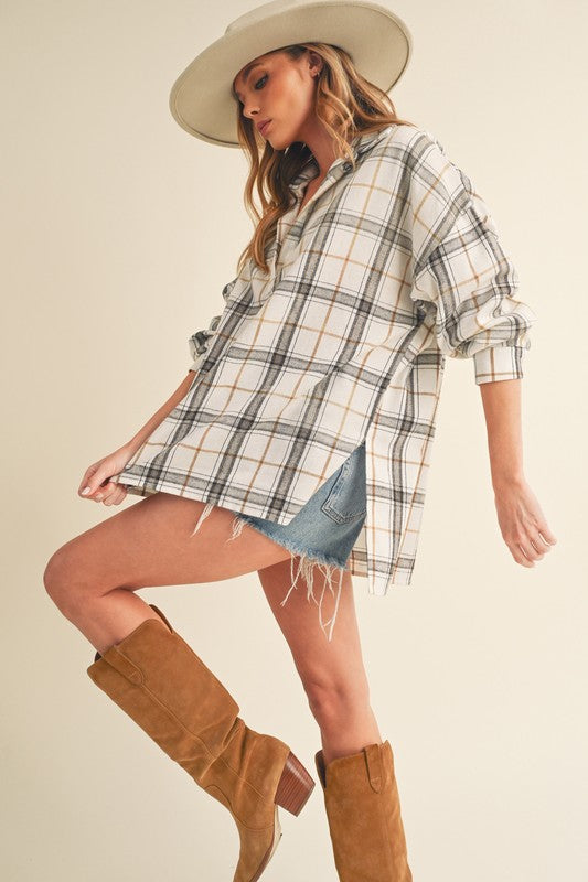 Aemi + Co Side Slit High-Low Plaid Long Sleeve Polo Shirt - Tigbul's Variety Fashion Shop