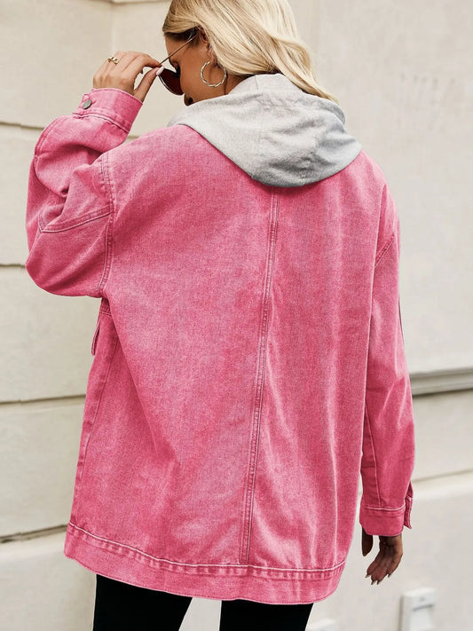Oversized Button Up Denim Jacket with Hood - Tigbul's Variety Fashion Shop