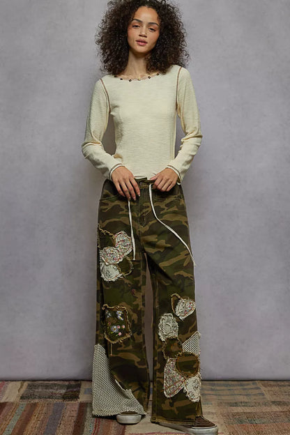 POL Round Neck Long Sleeve Contrast Stitching T-Shirt with Stud Detail - Tigbul's Variety Fashion Shop