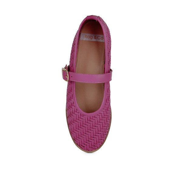 Fuchsia woven leather ballerina with ankle strap and oval toe
