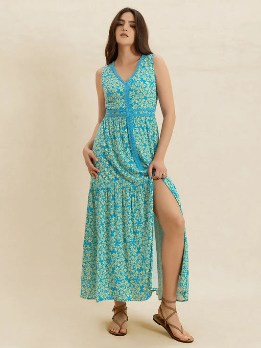 Teal Printed V-Neck Sleeveless Dress - Tigbul's Variety Fashion Shop